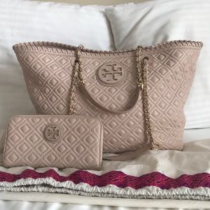 Tory Burch pink quilted purse and matching wallet
